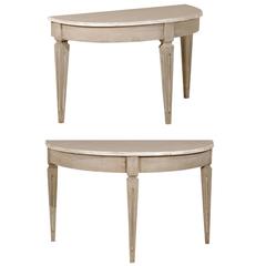 Pair of Swedish Demilune Tables on Tapered and Fluted Legs in Neutral Color