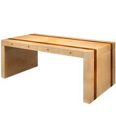 Aldo Tura, Italian Four Drawer Ivory and Amber Pigmented Parchment Desk