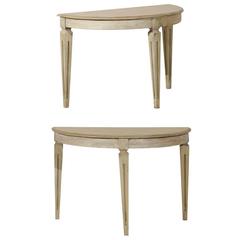 Antique Pair of Swedish Demilune Wood Tables in Neutral Grey-Green Color