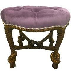 Large Round Tufted Gilt Rope Fournier Style Ottoman or Stool