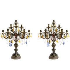 Bronze Pair of Candelabra or Table Centerpieces with Colored Crystals