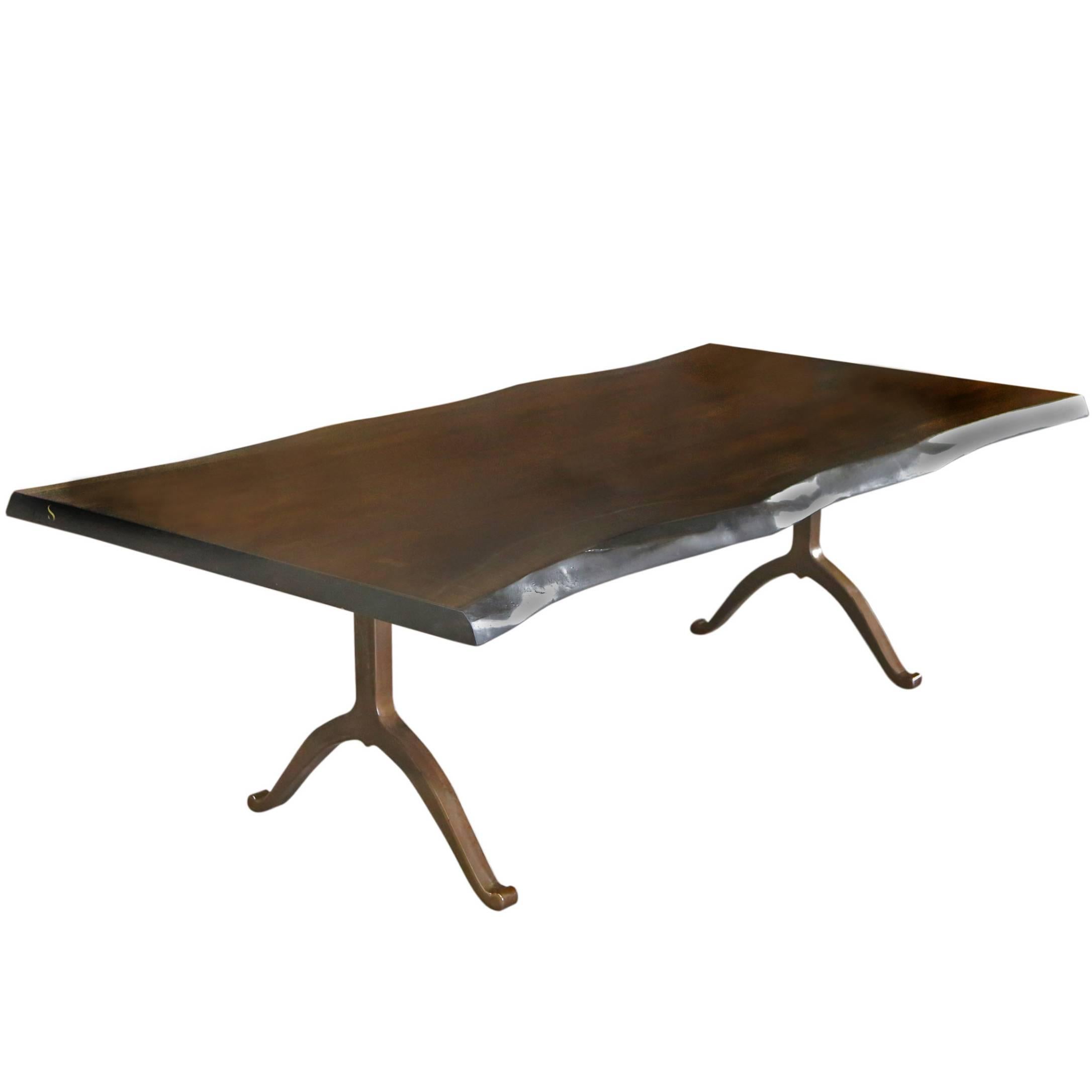 Sentient Signature Live Edge Black Walnut Slab Table Bronzed Steel Wishbone Legs For Sale