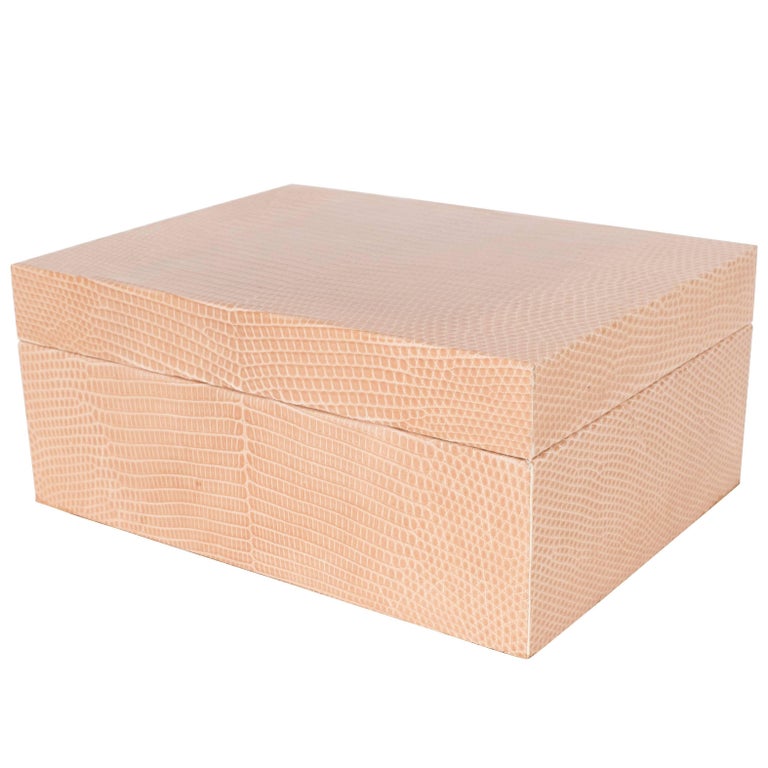 Chic Modernist Lizard Skin Wrapped Box in Natural Tones For Sale