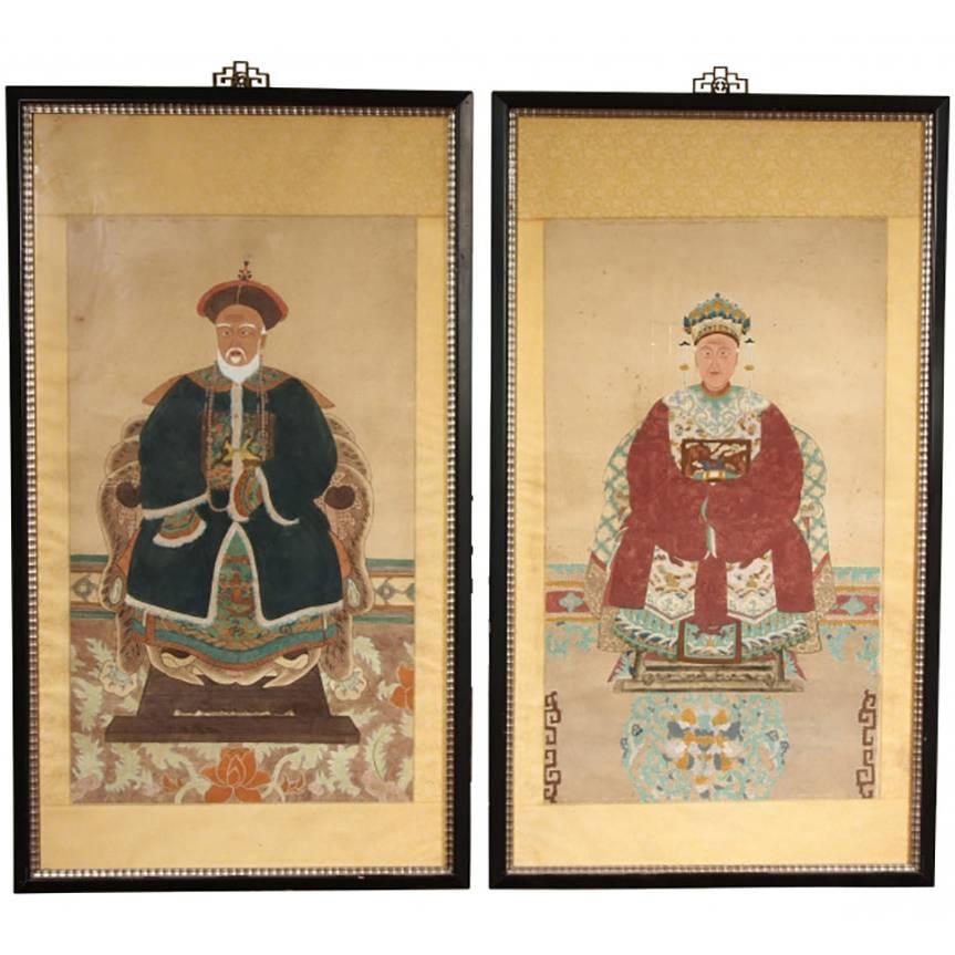 Pair of Chinese Ancestral Portraits Gouache on Paper