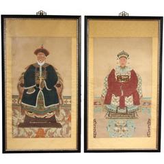 Vintage Pair of Chinese Ancestral Portraits Gouache on Paper