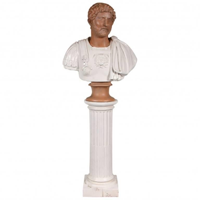 Italian Terracotta Bust of a Decorated Emperor with White Glazed Robe For Sale
