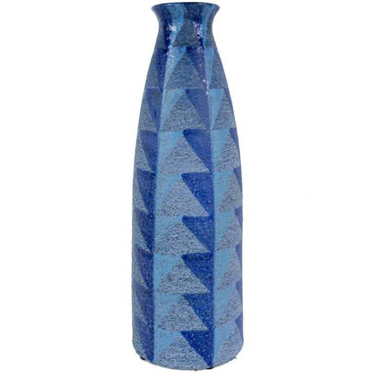 Italian Tall Blue Geometric Designed Ceramic Vase by Bitossi For Sale