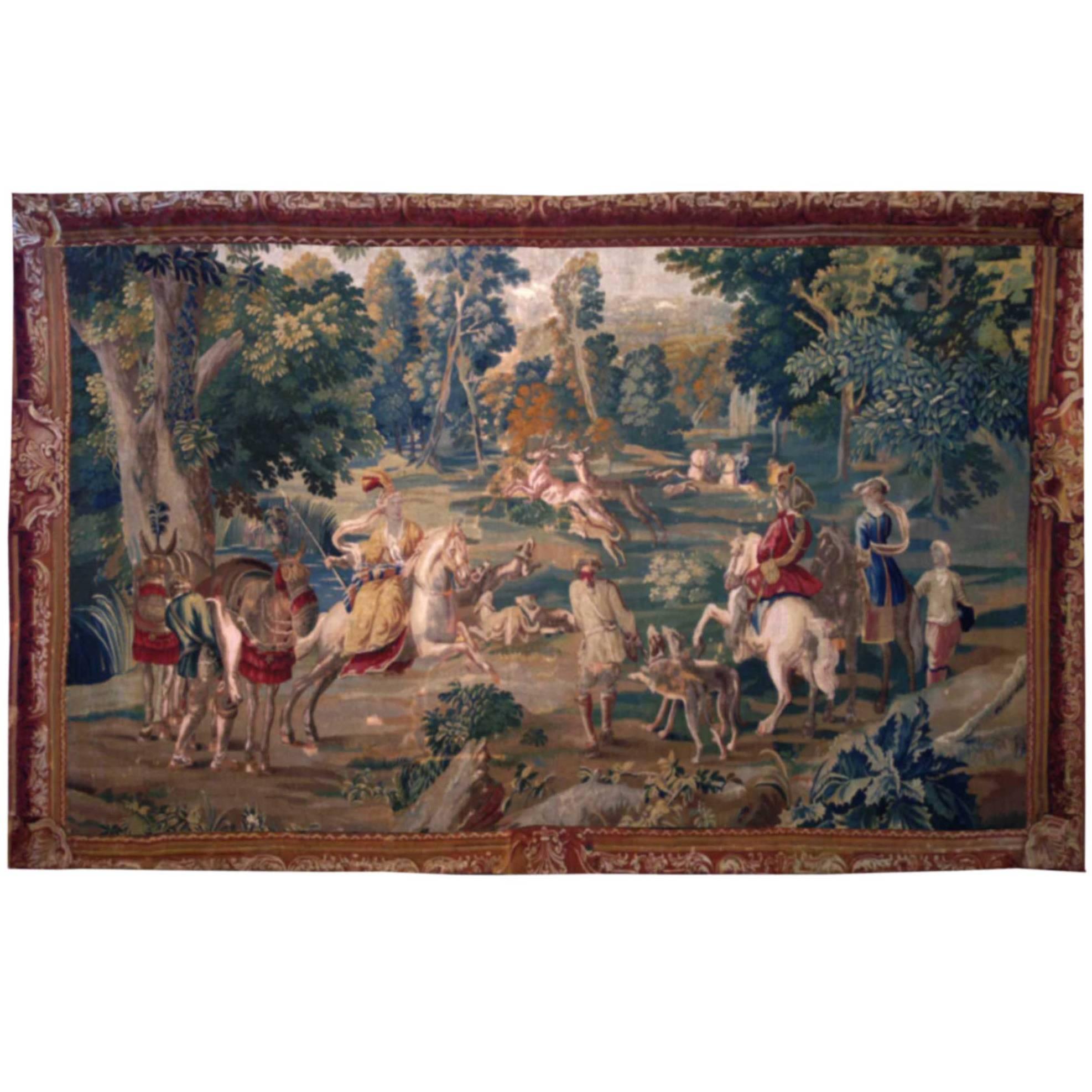 Tapestry of Brussels, 18th Century, Hunting at the Royal Course at the Stag For Sale