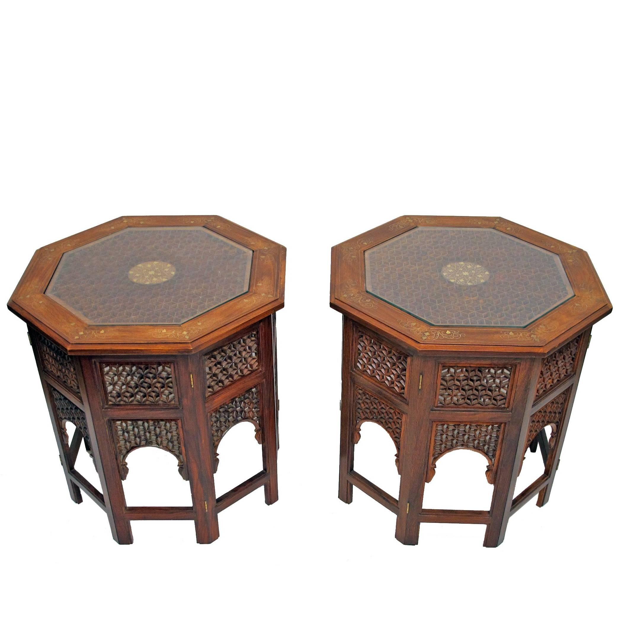 Pair of Octagonal Brass Inlaid Tabouret Side Tables