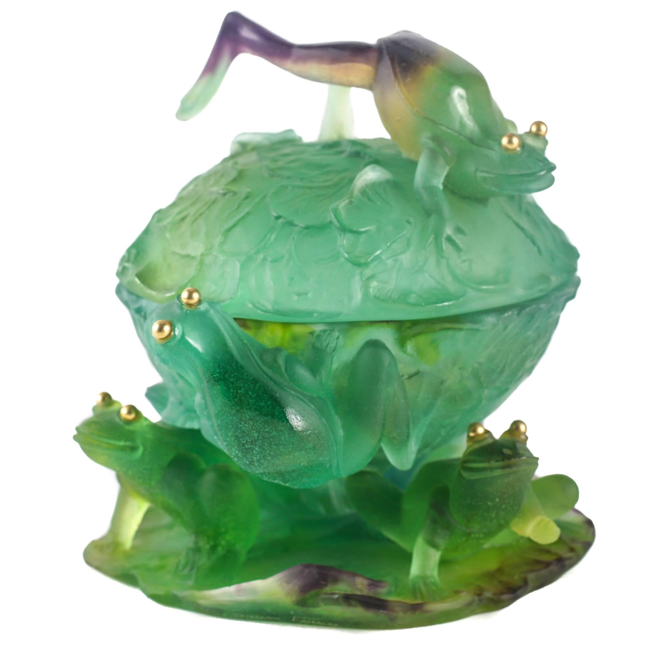 Whimsical Pate De Verre Covered Bowl with Frogs by Daum Nancy