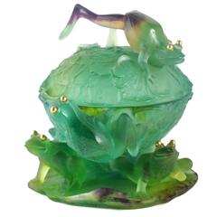 Vintage Whimsical Pate De Verre Covered Bowl with Frogs by Daum Nancy