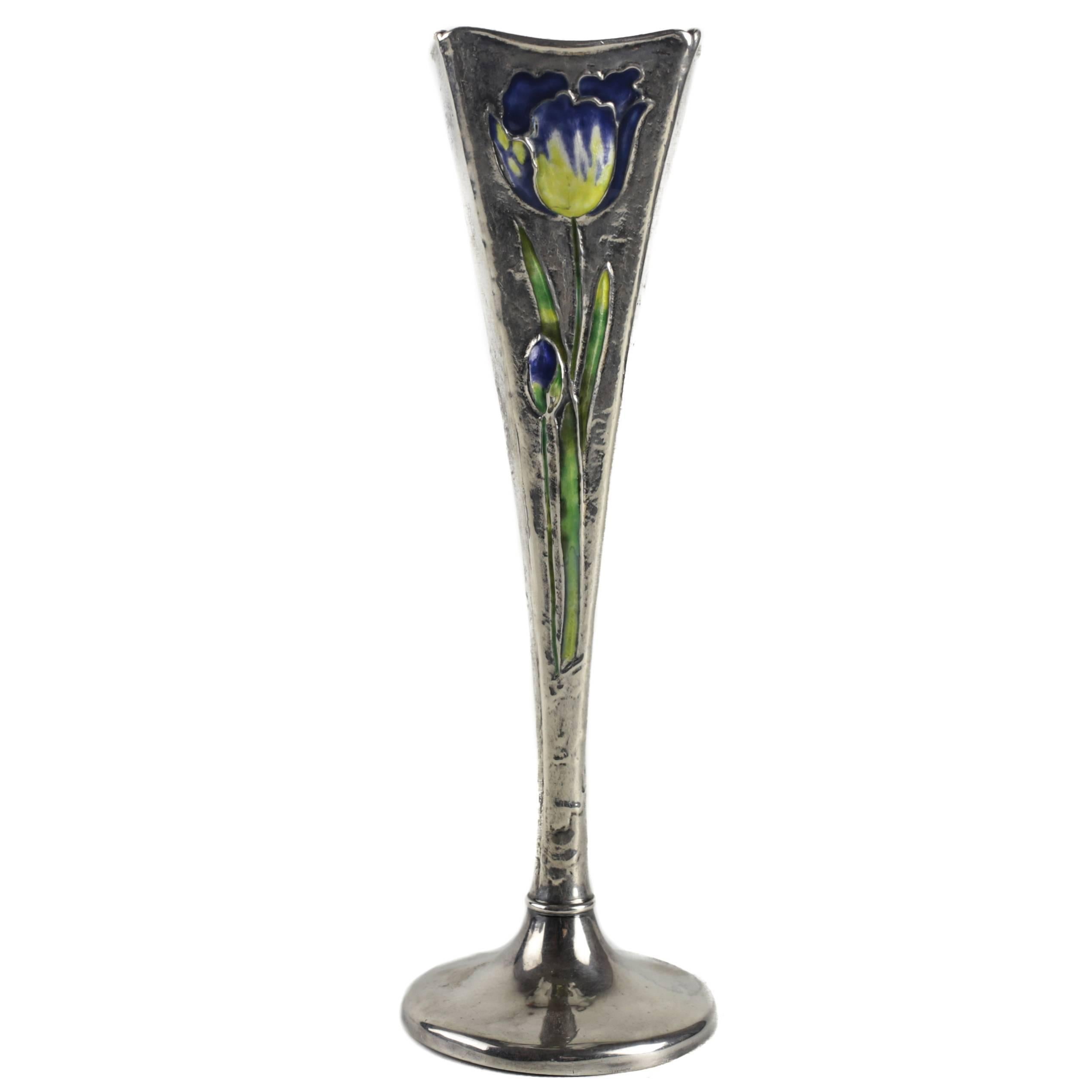 Sterling Silver Bud Vase with Enameled Tulips by Gorham Mfg. Co, 1897 For Sale