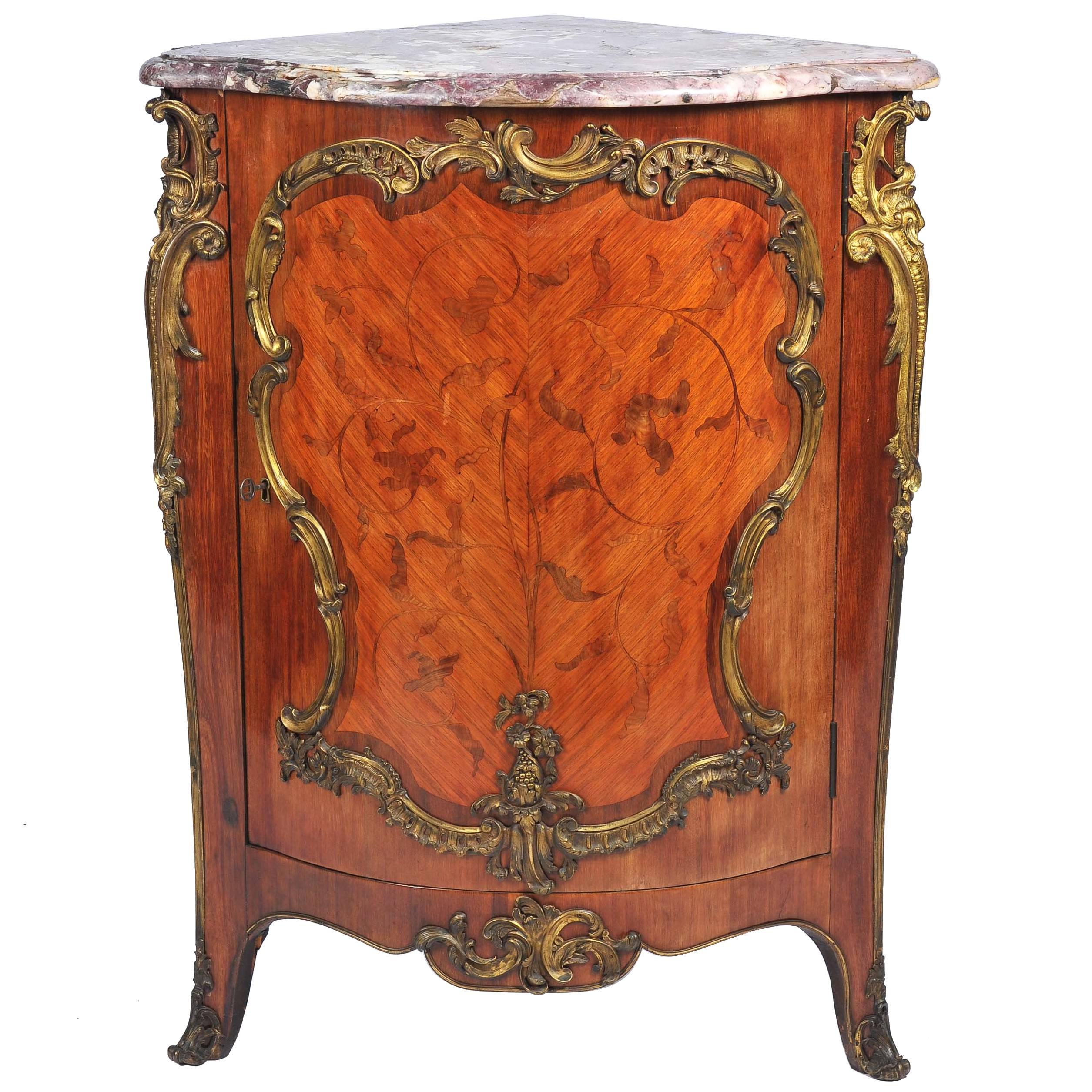 19th Century, French, Kingwood Marquetry Corner Cabinet