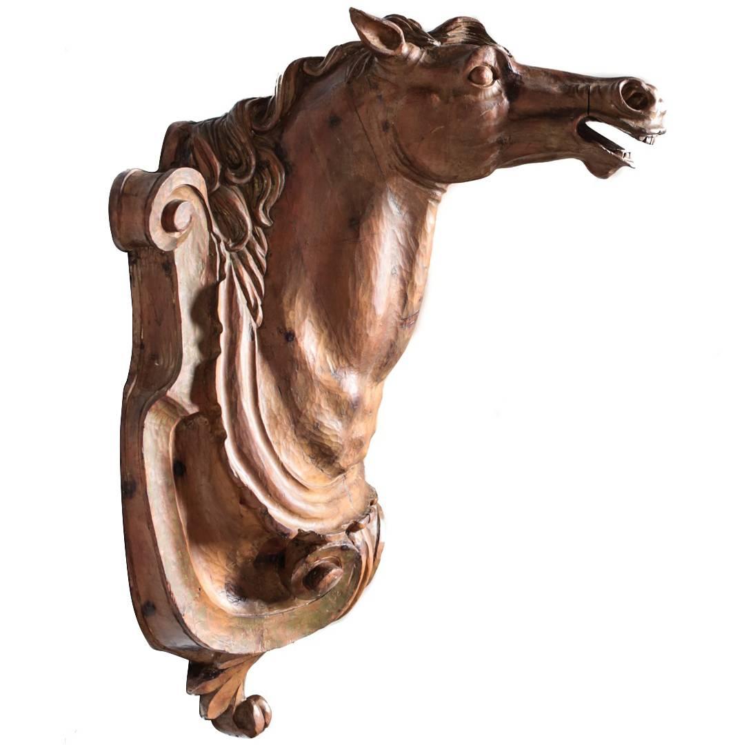 Life Size Carved Wood Wall Relief of a Horse, circa 1900 For Sale