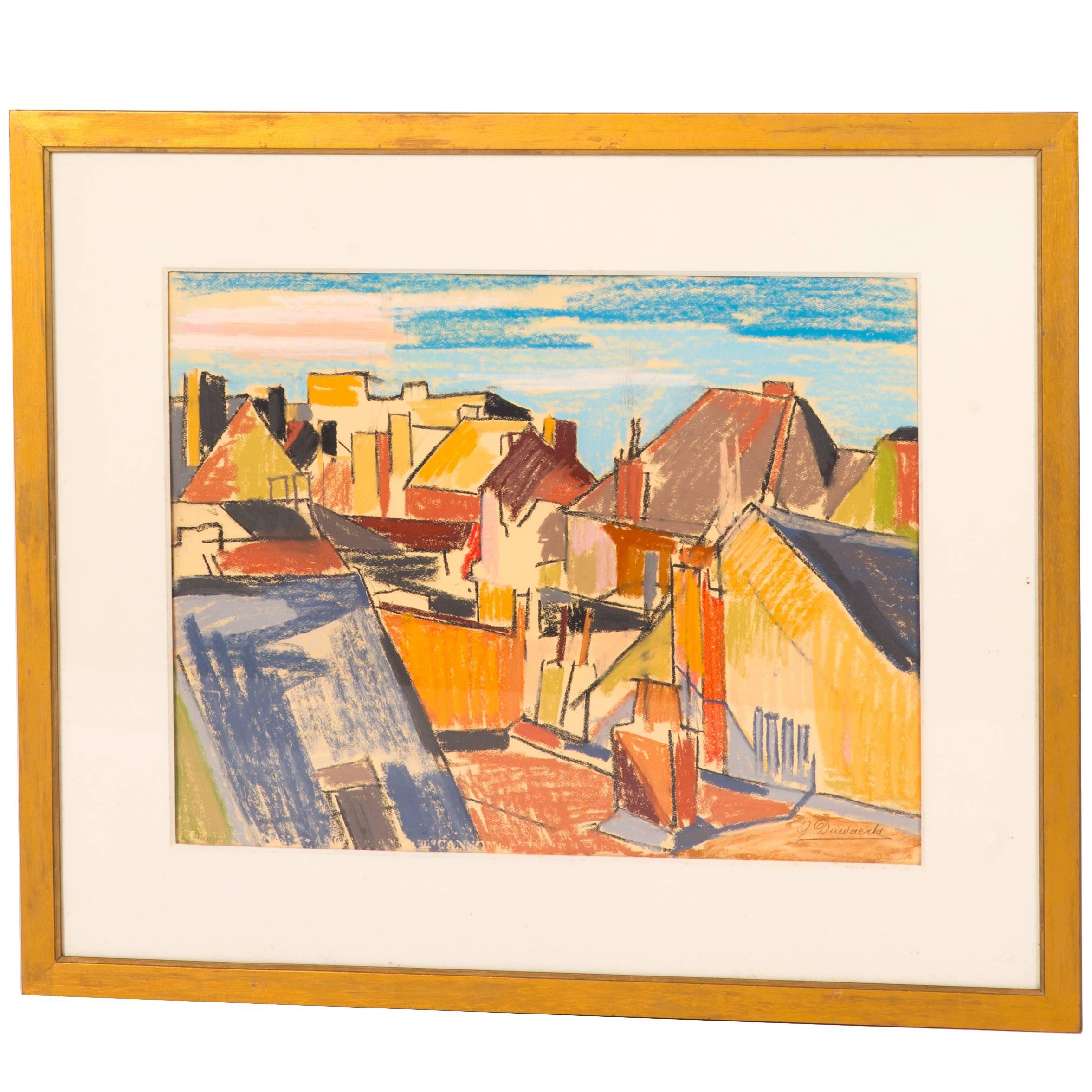 Colorful Abstract Seaside Cityscape Drawing from Belgium Circa 1898