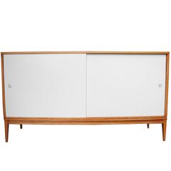 Paul McCobb Modern Credenza Sideboard in Maple with off White Sliding Doors 2