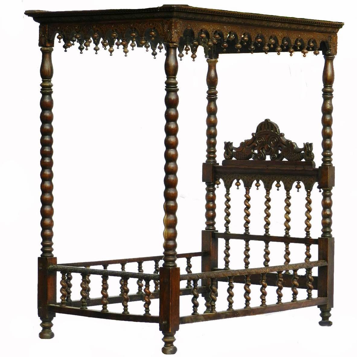 19th Century Four-Poster Bed Single Childs Daybed Carved Colonial Portuguese