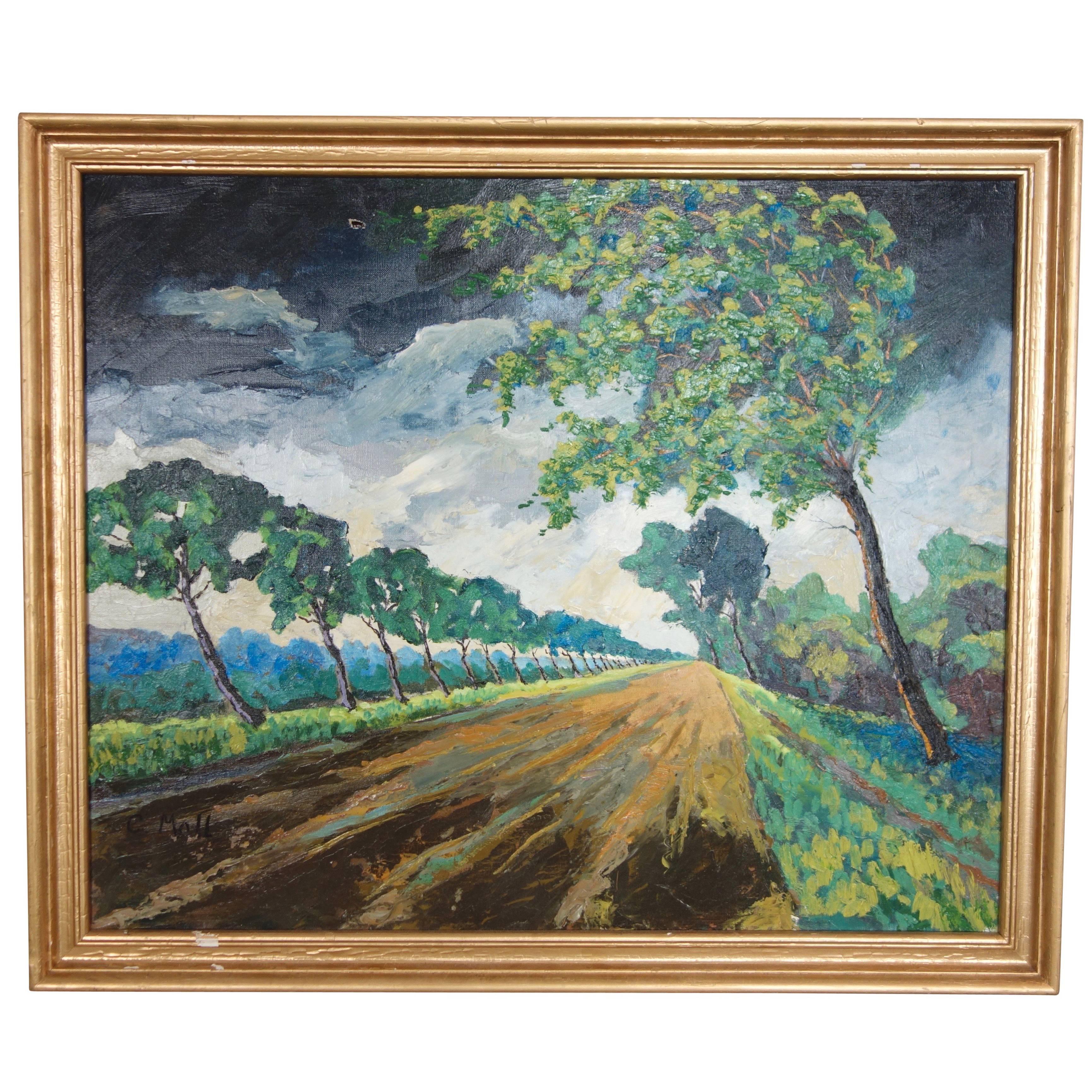 Framed Countryside Landscape Oil on Canvas, 1964