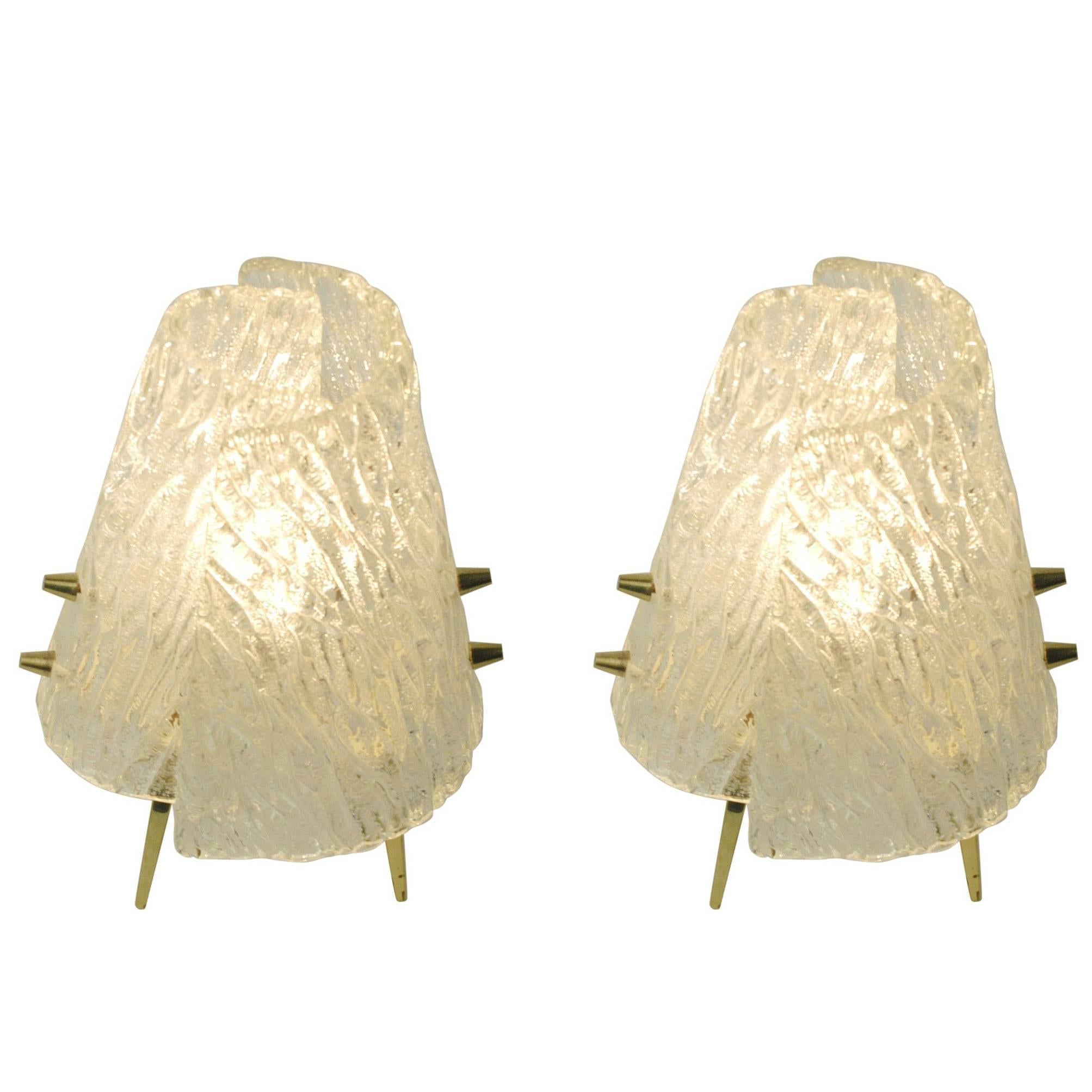 Pair of Austrian Midcentury Ice Glass and Brass Table Lamps by J.T. Kalmar