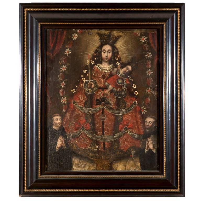 Portrait Madonna and Child with Two Priests/Saints, Escuela Cuzqueña