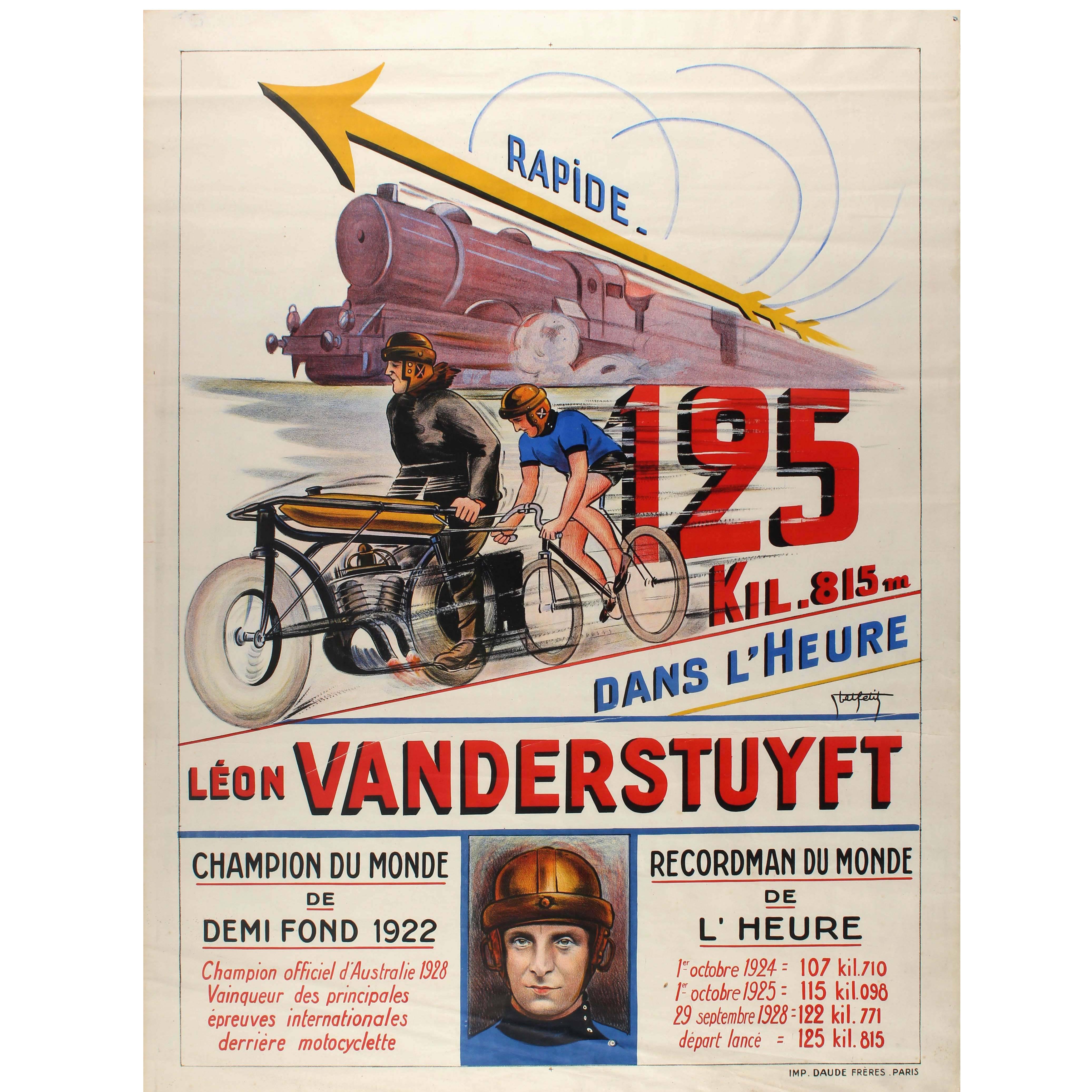 Original Vintage World Record Sport Cycling Poster Featuring Leon Vanderstuyft
