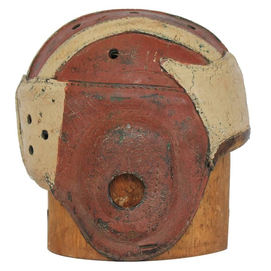 Antique American Football Leather Helmet with Wood Hat Mold