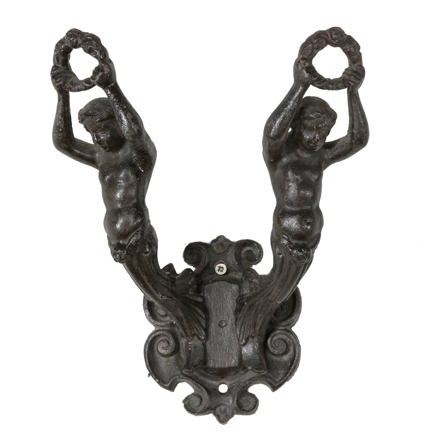 Large French Art Nouveau Period Iron Coat and Hat Hook with Two Classic Figures