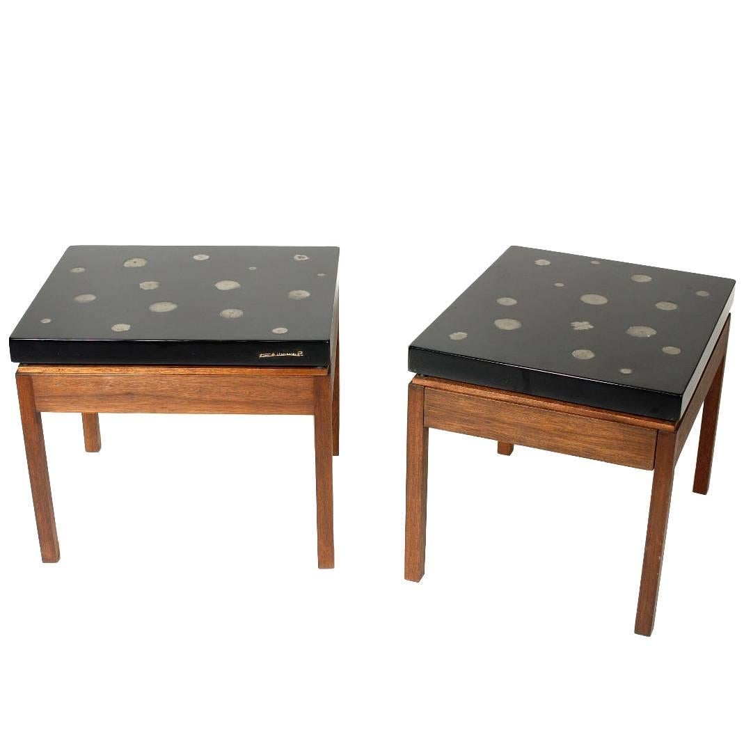 Pair of Side Tables by E. Allemeersch Black Resin and Marchasite For Sale