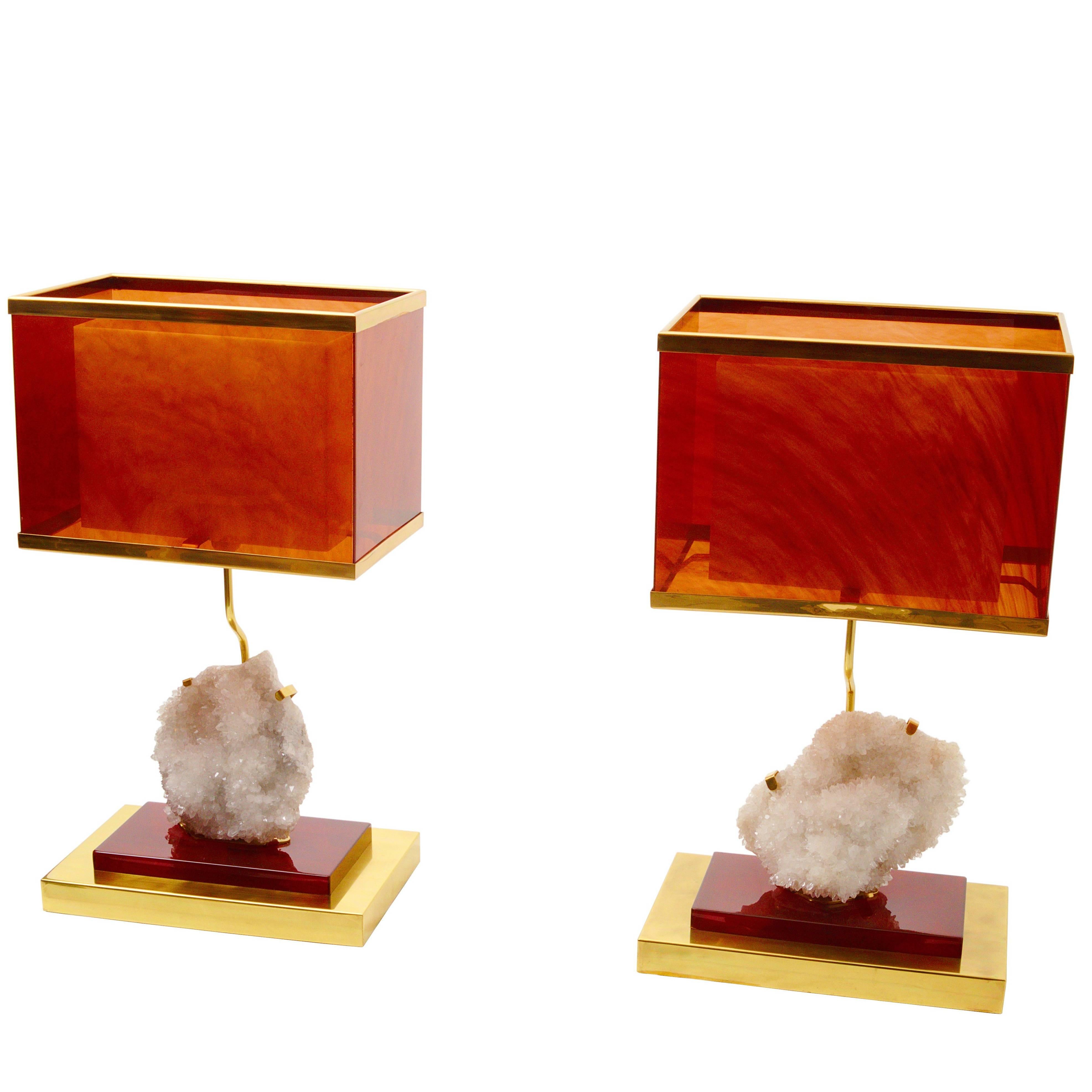 Amazing Pair of Table Lamps in Lucite and Cristal De Roche, circa 1970
