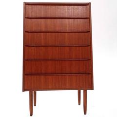 Danish Slim Teak Tallboy Chest of Drawers Scalloped Handles, Midcentury, 1960s