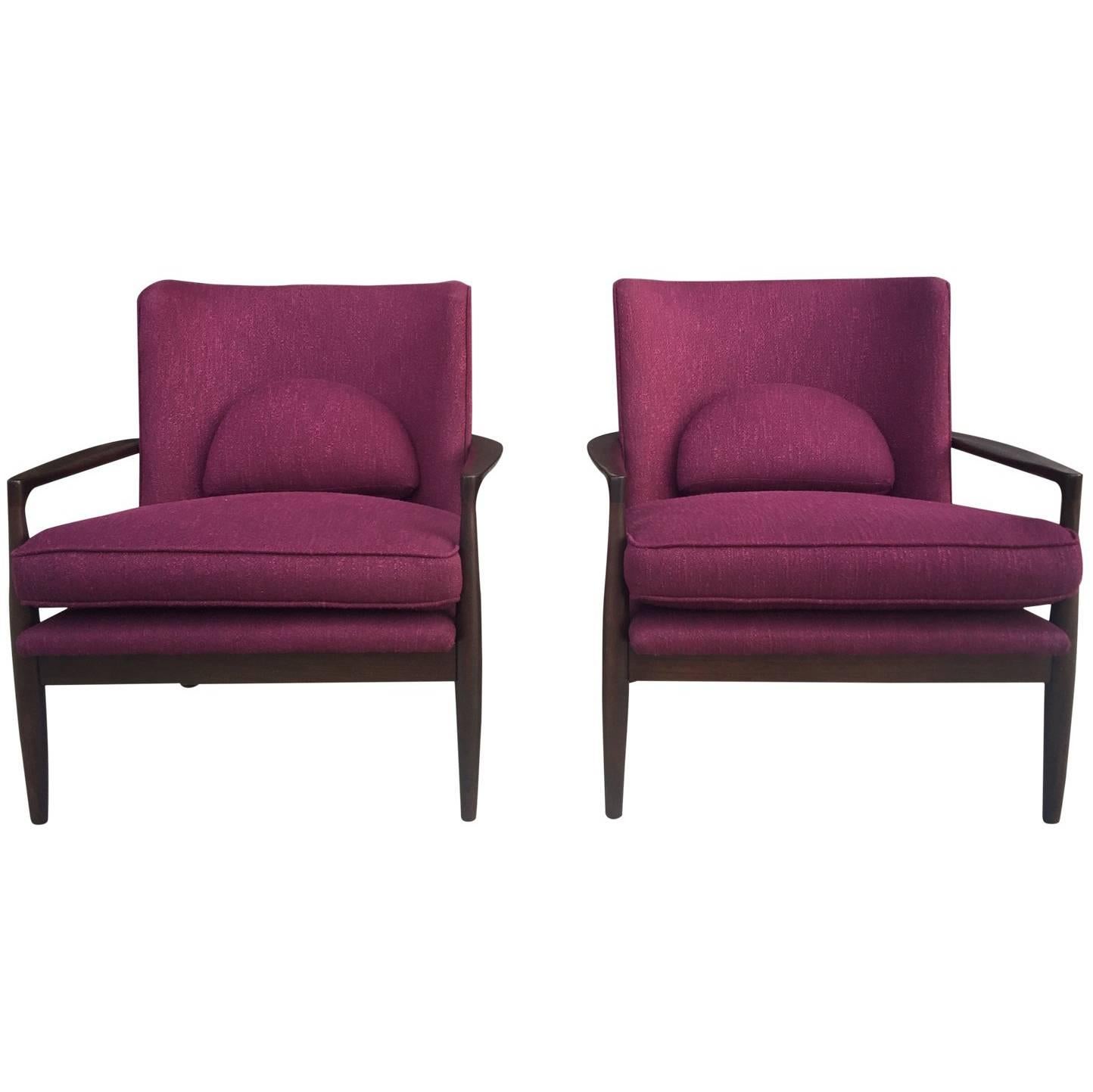 Pair of Purple Mid-Century Walnut Armchairs in Manner of Ib Kofod-Larsen