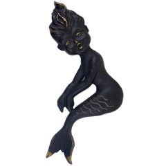 Vintage Walter Bosse Mermaid Wall-Mounted Brass Sculpture, Hertha Baller, Austria, 1950s