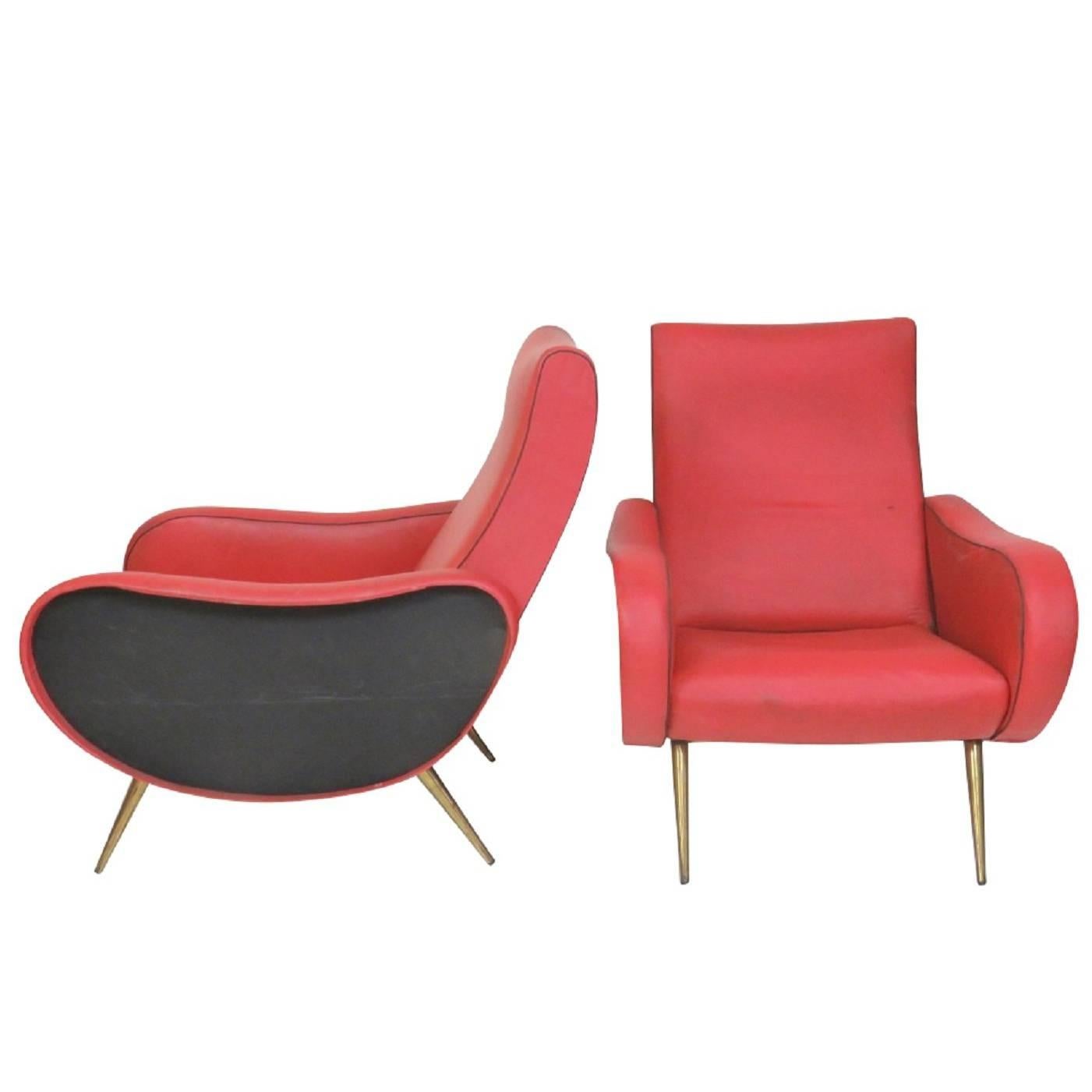 Pair of Zanuso Style Metal Leg Lounge Chairs