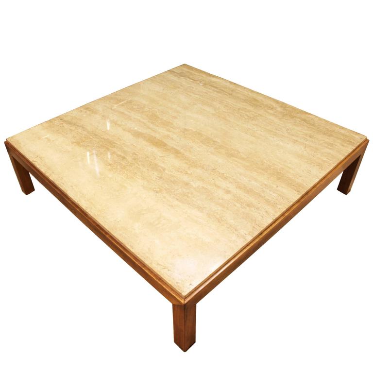 Signed Large Travertine and Wood Coffee Table by Edward Wormley for