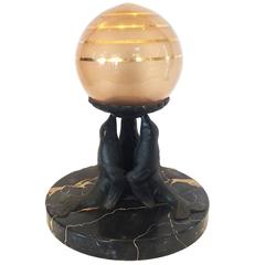 Art Deco French Bronze Lamp of Three Seals Balancing the Ball