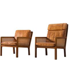 Set of Two Lounge Chairs in Mahogany and Cognac Leather 10