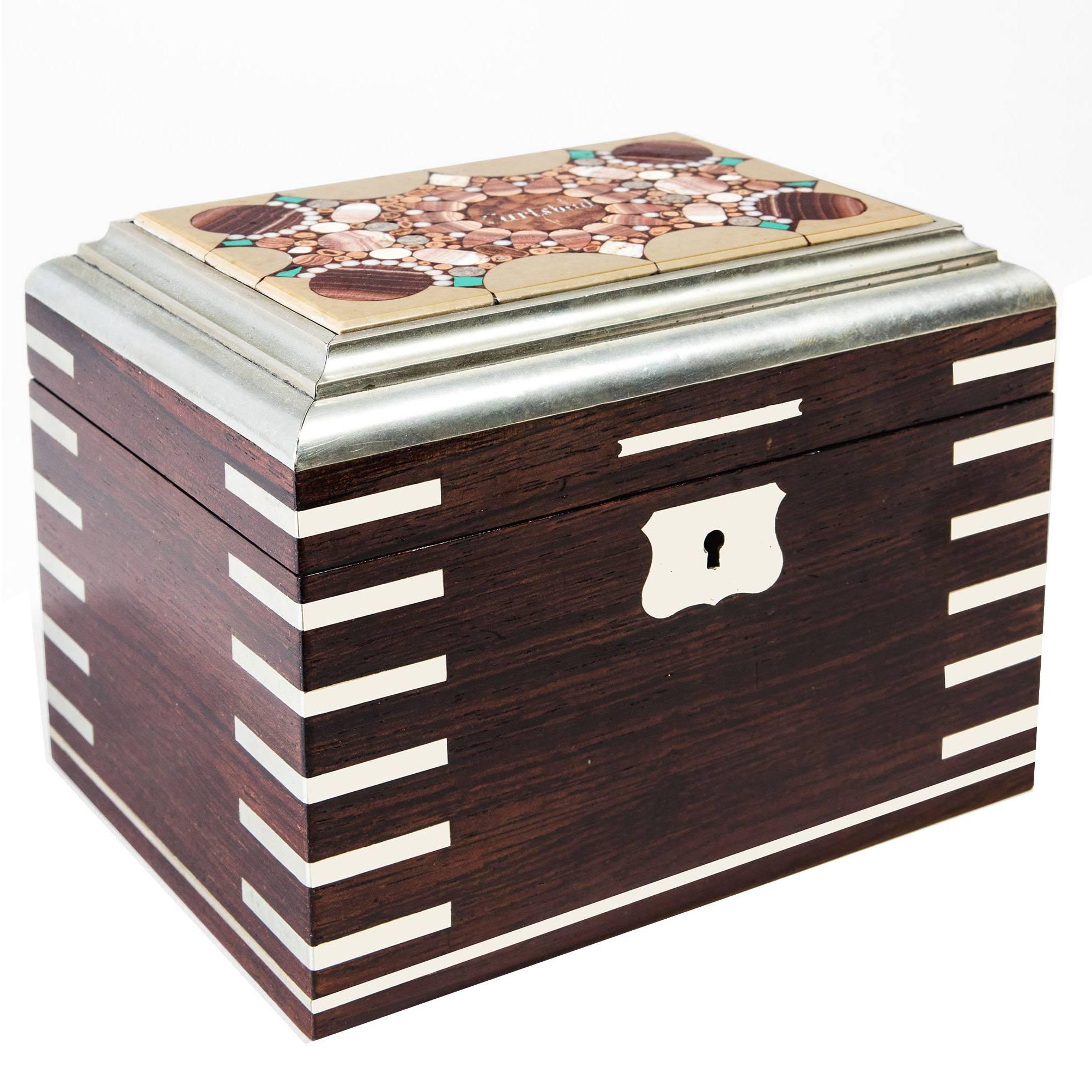 Boîte à coffret bohème Carlsbad en bois de rose incrusté de pierre dure et métal blanc