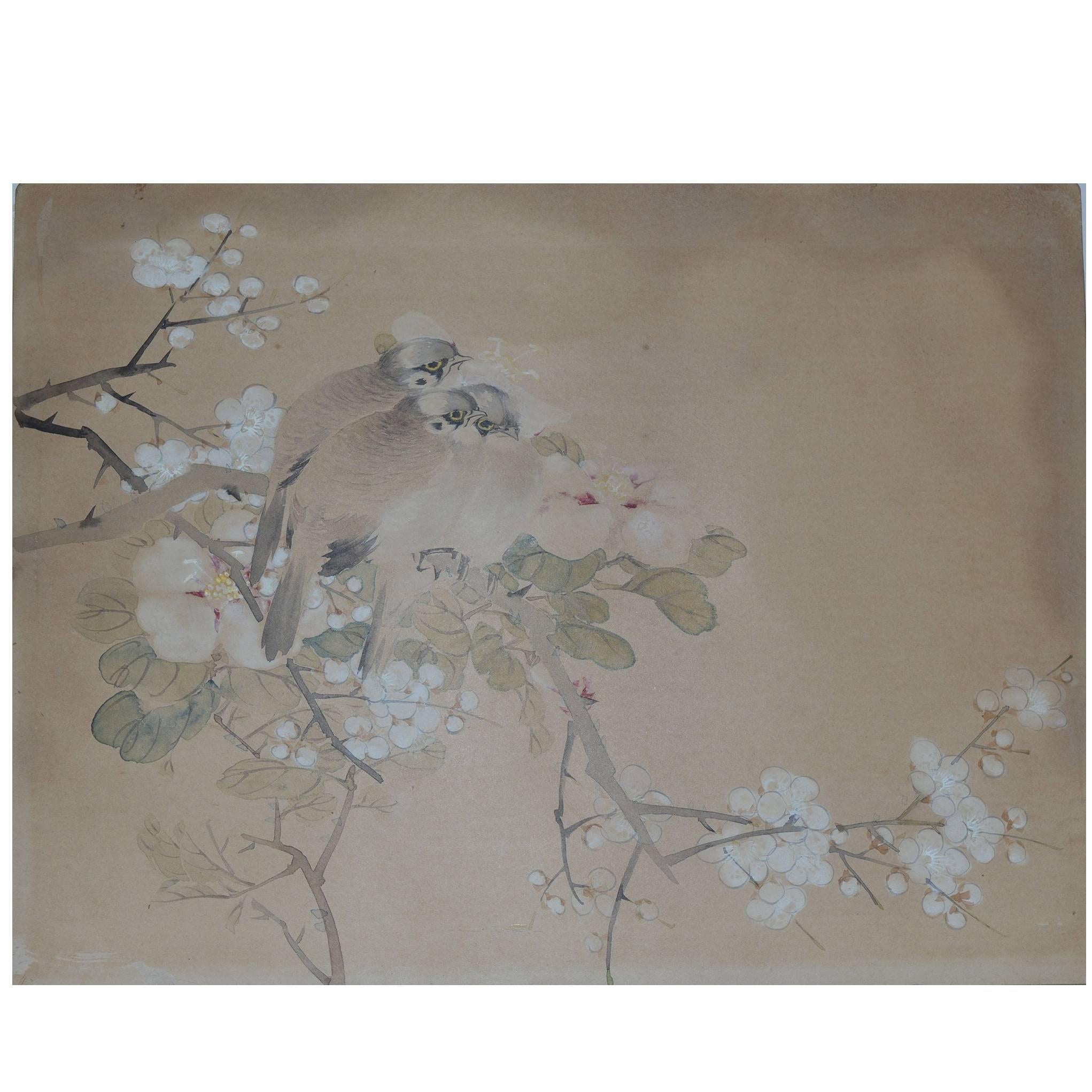 Antique Chinoiserie Watercolor Panel of Birds, 19th Century
