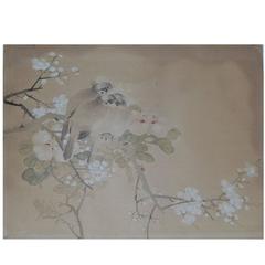 Antique Chinoiserie Watercolor Panel of Birds, 19th Century 1