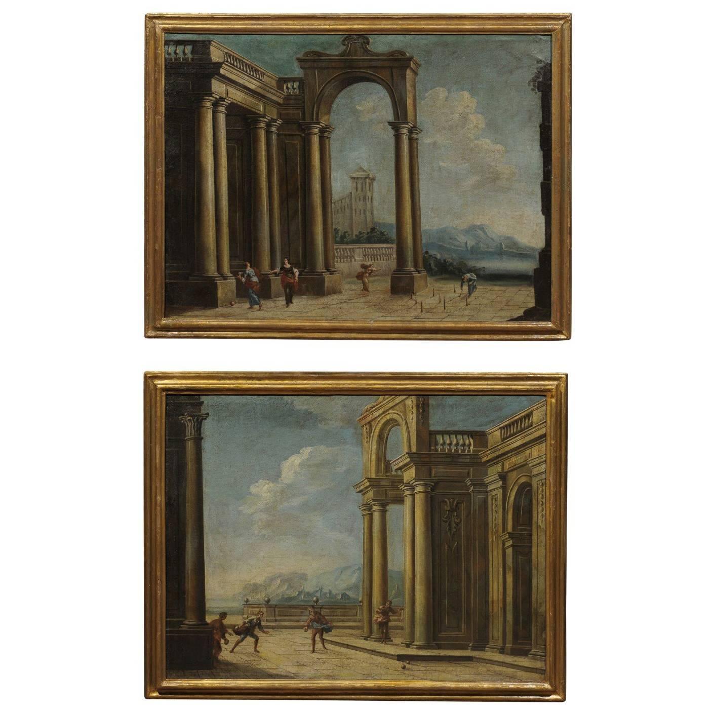 Pair of Gilt Framed Italian Oil on Canvas Capriccio Paintings, circa 1800