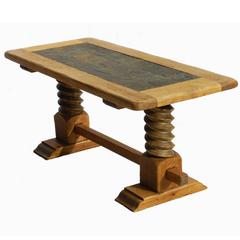 French Refectory Coffee Table Stone Tiles with Wine Press Base Bleached Oak