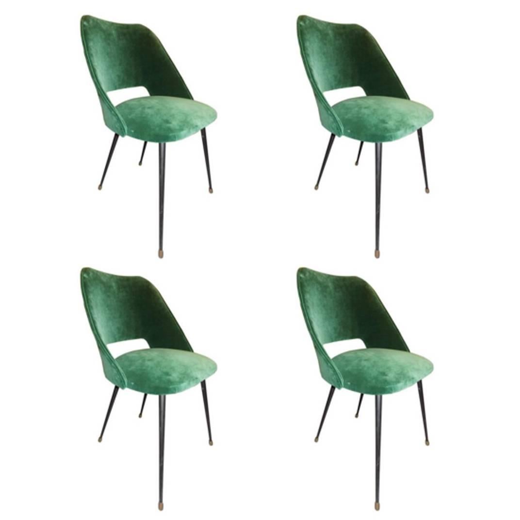 Set of Four Reupholstered Chairs in a Green Velvet, France circa 1960 For Sale
