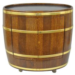 Vintage Custom Small French Oak & Brass Oval Wine Barrel Bar Cabinet on Casters