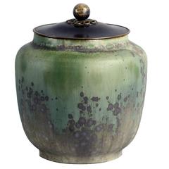 Stoneware Jar with Crystalline Glaze, Bronze Lid by Carl Halier, 1930s