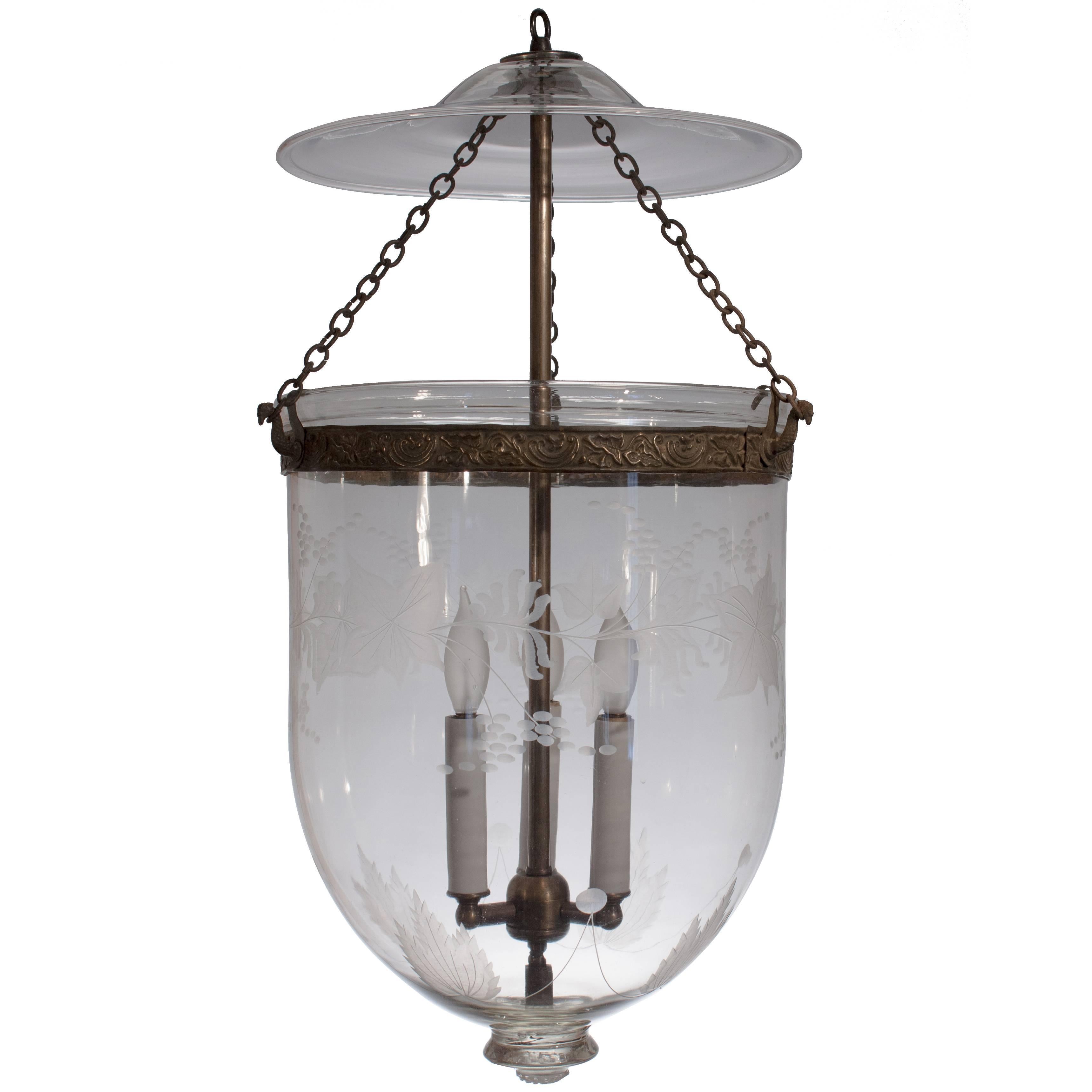 Large English Bell Jar Lantern with Frosted Etching
