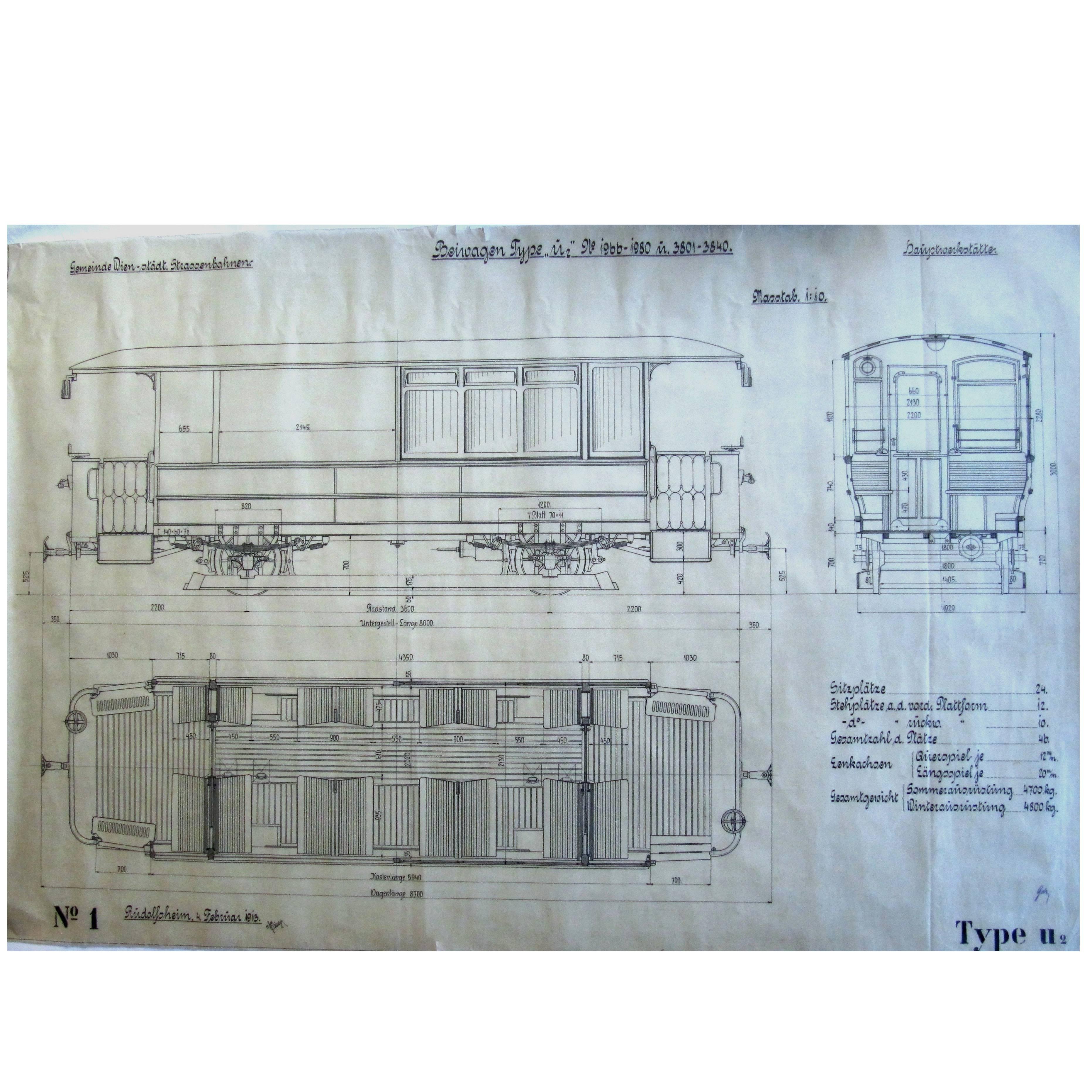 Huge Original Construction Plan Viennese Tramway, 1913 For Sale