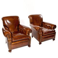Fine Pair of Antique Leather Club Armchairs