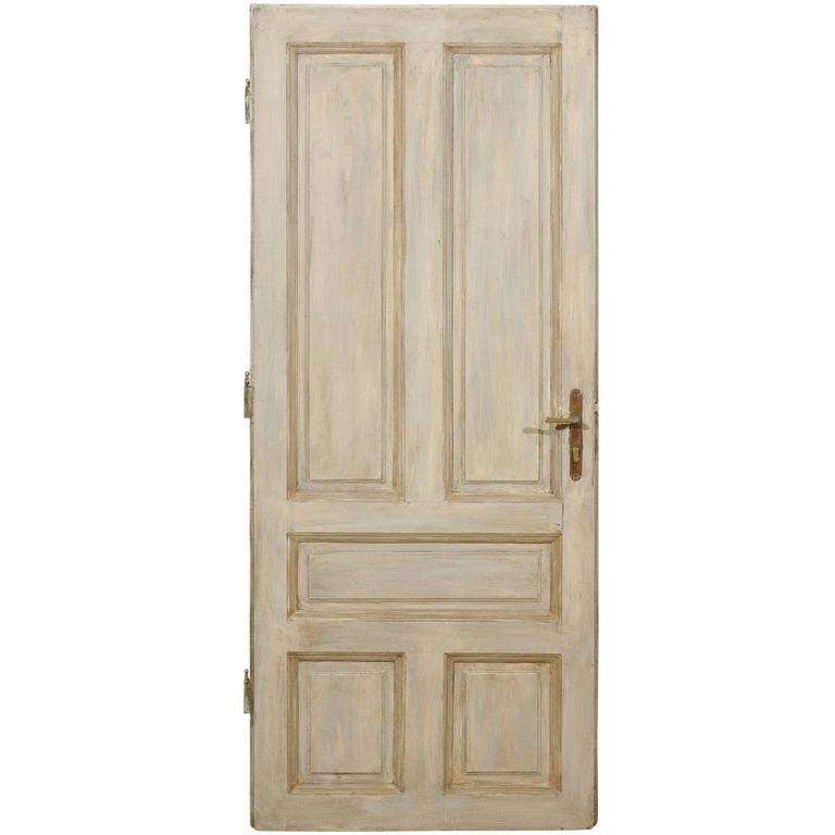 Single European Painted Wood Door in Grey Blue with Green Brown Accents