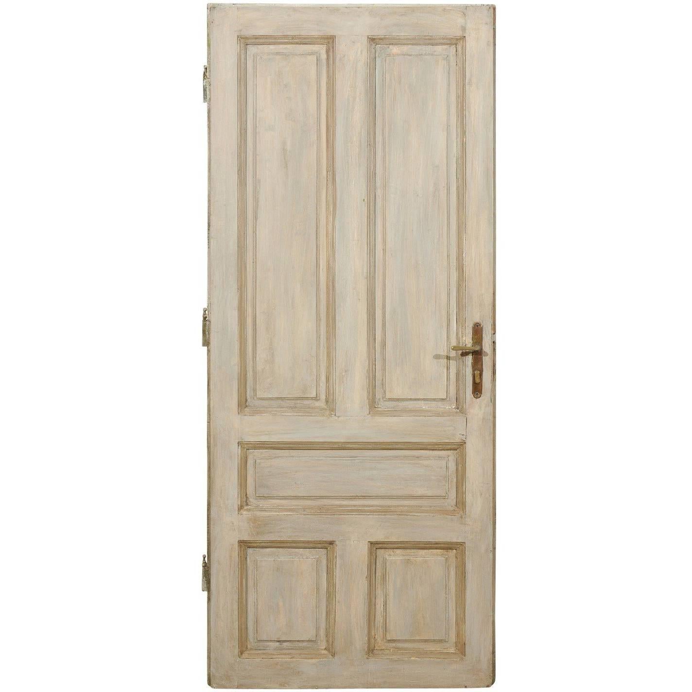 Single European Painted Wood Door in Grey Blue with Green Brown Accents