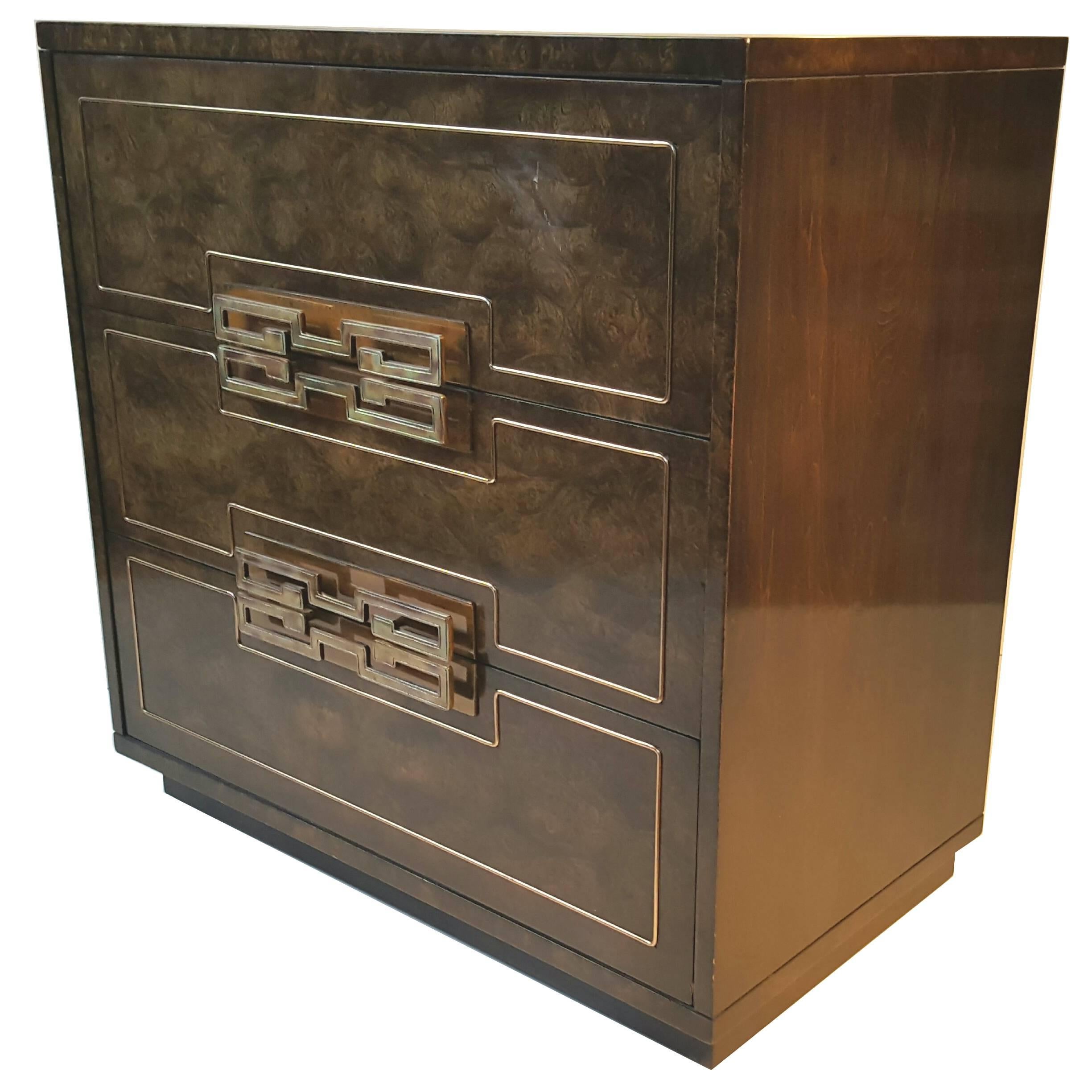 Stunning Burl Elm and Brass Three-Drawer Chest by Mastercraft For Sale